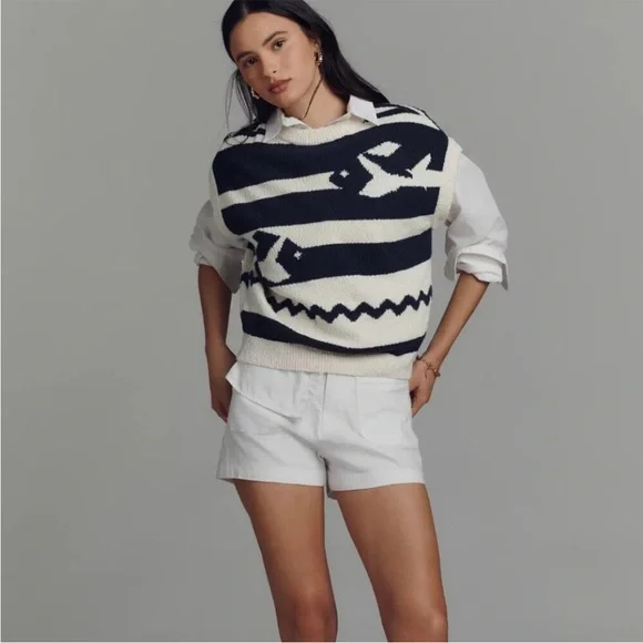 Anthropologie Maeve Crewneck Fish Motif Sweater Vest Cream Blue Large Sardine - Picture 6 of 13